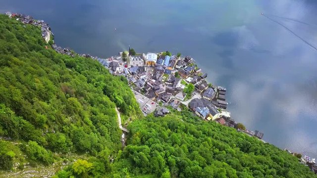 Drone aerial view - flying over Hallstatt, Austria