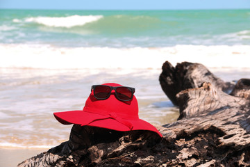 Red hat and sunglasses on old log on the beach in Nakhonsrithammarat ,Thailand.