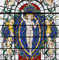 LONDON, GREAT BRITAIN - SEPTEMBER 14, 2017: The resurrected Jesus Christ on the stained glass in...