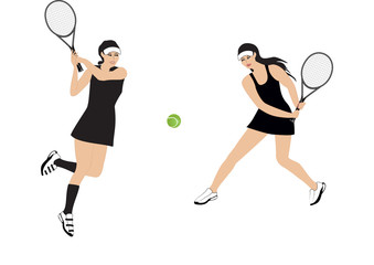 two girls playing tennis - isolated on white background - art creative vector