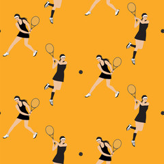 sports pattern - women - game of tennis - yellow background - art creative vector