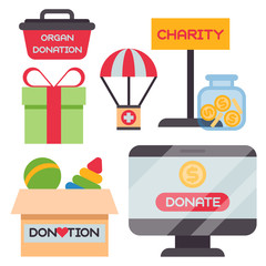 Donate money box set symbols help philanthropy donation contribution charity philanthropy humanity support vector.