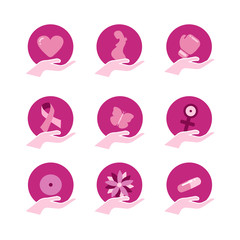 Breast cancer awareness pink support icon set