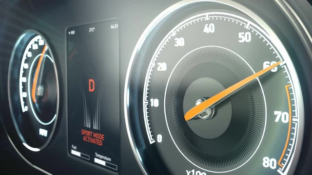 Dangerous fast driving, speedometer of speeding car, sports race, launch control. Sports race, car driving super fast, competition

