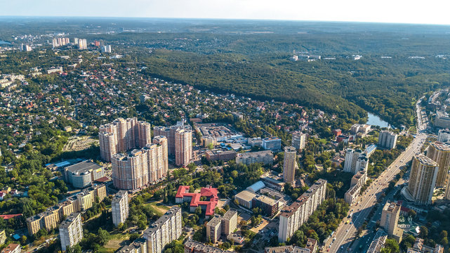 Aerial top view of Kiev city residential area from above, Goloseevo district skyline, Kyiv, Ukraine
