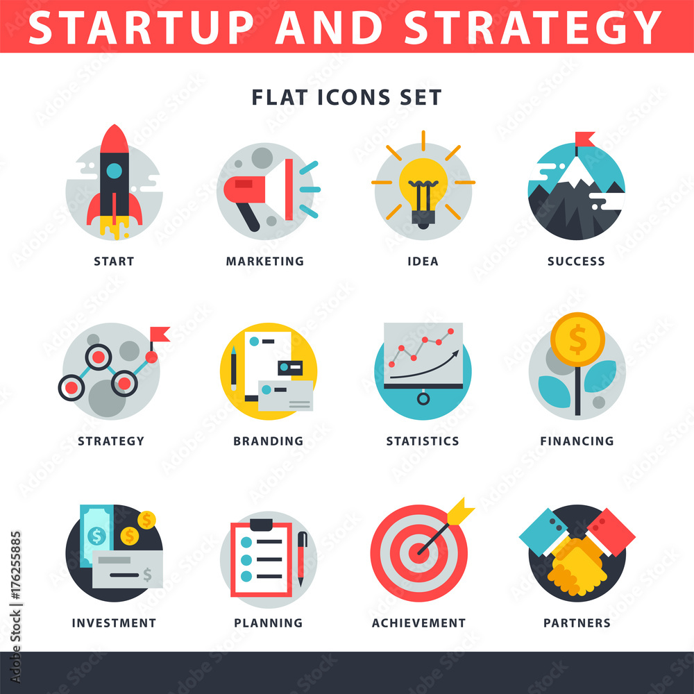 Aufkleber startup and strategy web busines icon set for websites ui management finance start up vector illustr