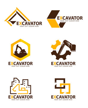 Yellow and brown excavator logo vector set design