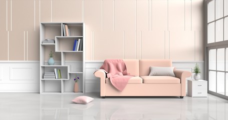 Naklejka na ściany i meble White-orange room decorated with orange sofa,tree in glass vase, pillows, Wood bedside table, Bookcase, Red blanket, Window, Orange -white cement wall it is pattern, white cement floor. 3d rendering.
