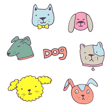 Vector set of dogs heads. Hand drawn ink illustration, sticker design