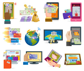 Online payment devices icons vector transaction ecommerce wallet wireless connection banking card credit online pay shopping.