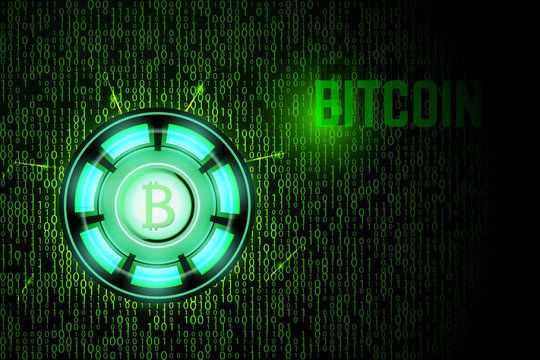 Green bitcoin loogo on binary background. Lighting power source vector illustration