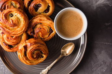 French traditional pastries. Pains aux raisins.