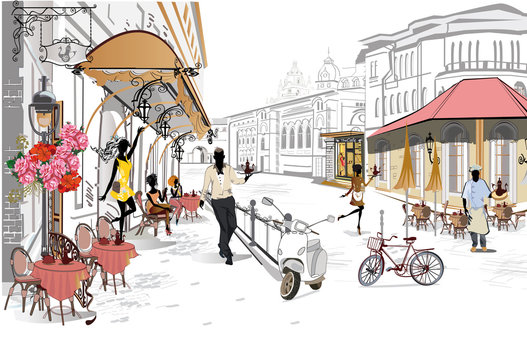 Series of the street cafes with people, men and women, in the old city, watercolor vector illustration. Waiters serve the tables. 