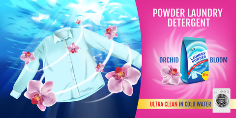 Orchid fragrance Laundry detergent ads. Vector realistic Illustration with shirt is washed in water and product package. Horizontal banner