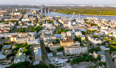 Aerial top view of Kyiv cityscape, Podol historical district skyline from above, city of Kiev, Ukraine
