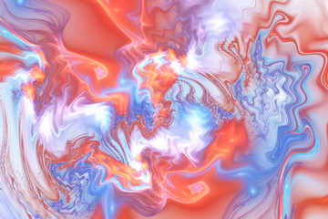 Abstract glowing swirly texture. Fantasy fractal background in red, white and blue colors. Digital art. 3D rendering.