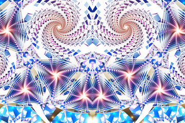 Abstract intricate blue and golden mosaic ornament. Fantasy symmetrical fractal background. Digital art. 3D rendering.