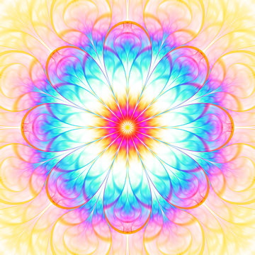 Abstract exotic flower. Psychedelic mandala design in bright pink, blue and orange colors. Fantasy fractal art. 3D rendering.