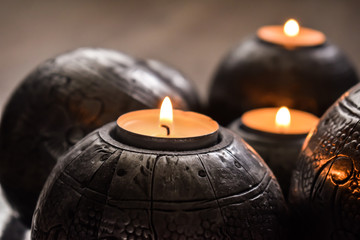 Candles burning, cozy home decoration