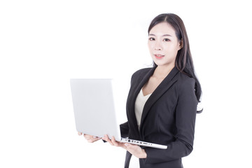 Portrait of Korean Woman using Laptop with smiling, Woman stand on white background, Woman with technology concept.
