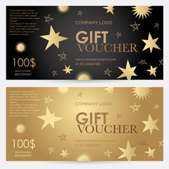 Gift voucher with gold stars. Christmas gift certificate. Vector template for gift card, coupon and certificate for a spa, beauty salon, shops, cosmetics and restaurants