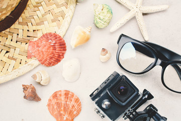Top view group of accessories travel to the sea