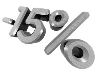 minus 15 percents. 3D rendered. On a white background. Metallic texture