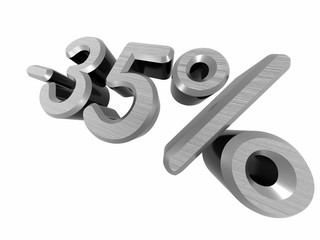 minus 35 percents. 3D rendered. On a white background. Metallic texture