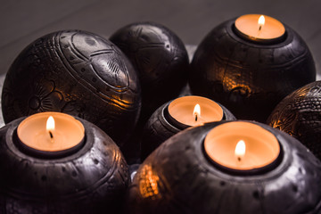 Candles burning, cozy home decoration