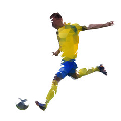 Low poly soccer player kicking ball, abstract geometric vector silhouette