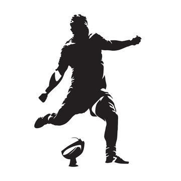 Rugby player kicking ball, abstract vector silhouette