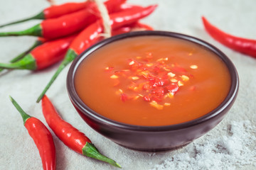 Chili sauce in bowl and fresh chili