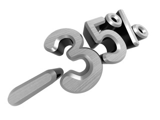 minus 35 percents. 3D rendered. On a white background. Metallic texture