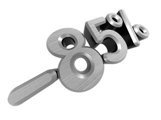 minus 85 percents. 3D rendered. On a white background. Metallic texture