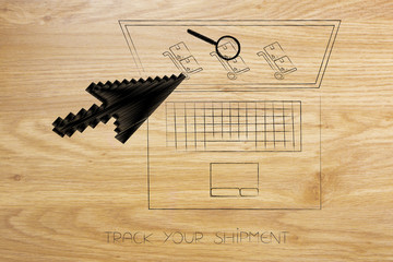laptop with parcels on the screen and oversize cursor clicking