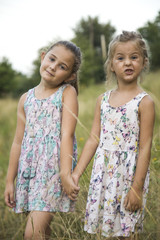 children friend girls playing whispering on flowers grass in vacations,Two adorable girls in dresses playing on the meadow,hold hands