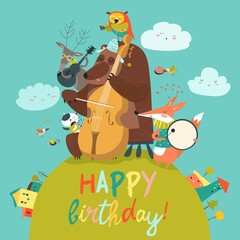 Cute Birthday card with animals and music