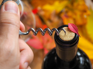 Corkscrew and bottle of red wine. Opening a bottle of wine. Close-up.
