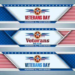 Set of web banners background with texts, badges and national flag colors for US Veterans Day event, celebration; Vector celebration