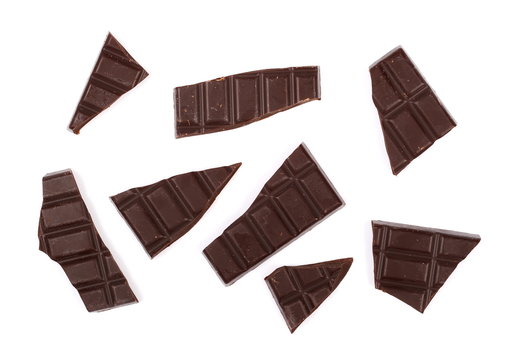 chocolate bars, pieces isolated on white background, top view