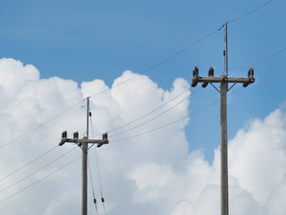 Electric pillar with transformer in the electric network. Outdoor view