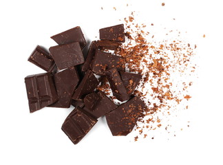 chocolate bars, pieces with shavings isolated on white background, top view