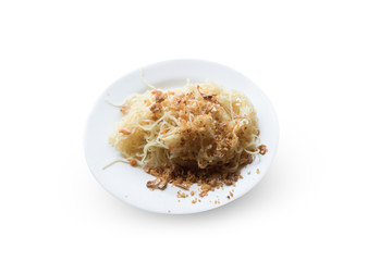 Dried noodles in plate On a white background