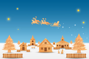 Christmas season and Happy new year season made from wood with decorations art and craft style, illustration. Santa claus on the sky coming city village in night time with snowfall