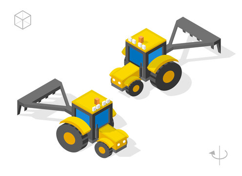 Set of Isolated Isometric Minimal City Elements . Tractor with Shadows on White Background.
