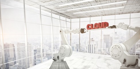 Composite image of mechanical robotic hands holding cloud text
