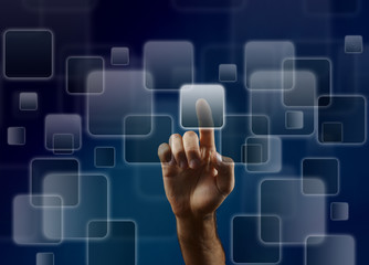 Man's hand pushing the button. Touchscreen. Rear view.