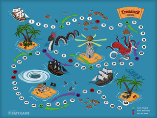 Pirate board game for children. Map of the treasure hunter. Corsair ship and sea monsters in isometric style. Chest of gold on tropical island. Vector illustration