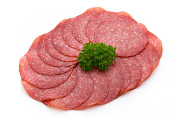 Salami slices isolated on white background.