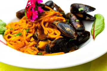 Pasta with Mussels Dinner Dish on a the table